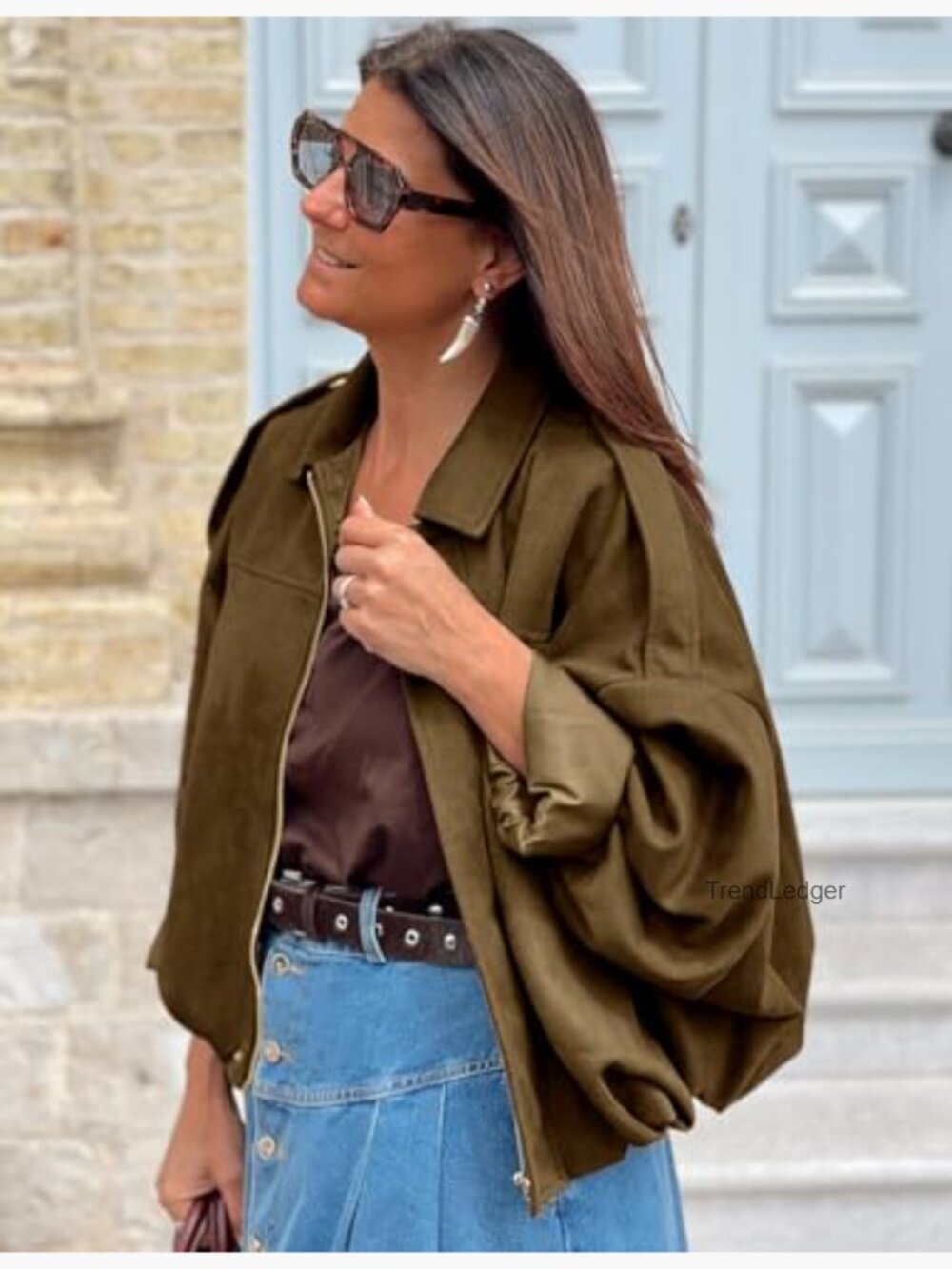 Faux Suede Bomber Jacket Oversized Batwing Long Sleeve Zip Up Cropped Coat - Picture 3 of 7